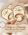 A hand holding three printed coffee-themed baby shower invitations, with the text "Who Spilled the Coffee?" and "Baby is Braving" printed on them.