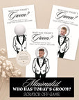 The image is a collage of three greeting cards featuring a baby dressed in a tuxedo, with the question "Who has today's Groom?" displayed on each card.
