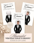 The image is a collage of three greeting cards featuring a man's face with a baby's face, along with the text "Who has today's Groom?" and "Minimalist who has today's Groom?" The cards are printed and shipped, and there is a "Scratch off Game" included.