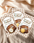 Three baby shower invitations with a football design and text that reads "Who caught the football? Lauren's baby shower".