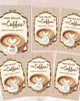 a collection of six identical coffee-themed book covers or invitations, each featuring a heart-shaped coffee cup with a heart design and the text "Who spilled the coffee?"