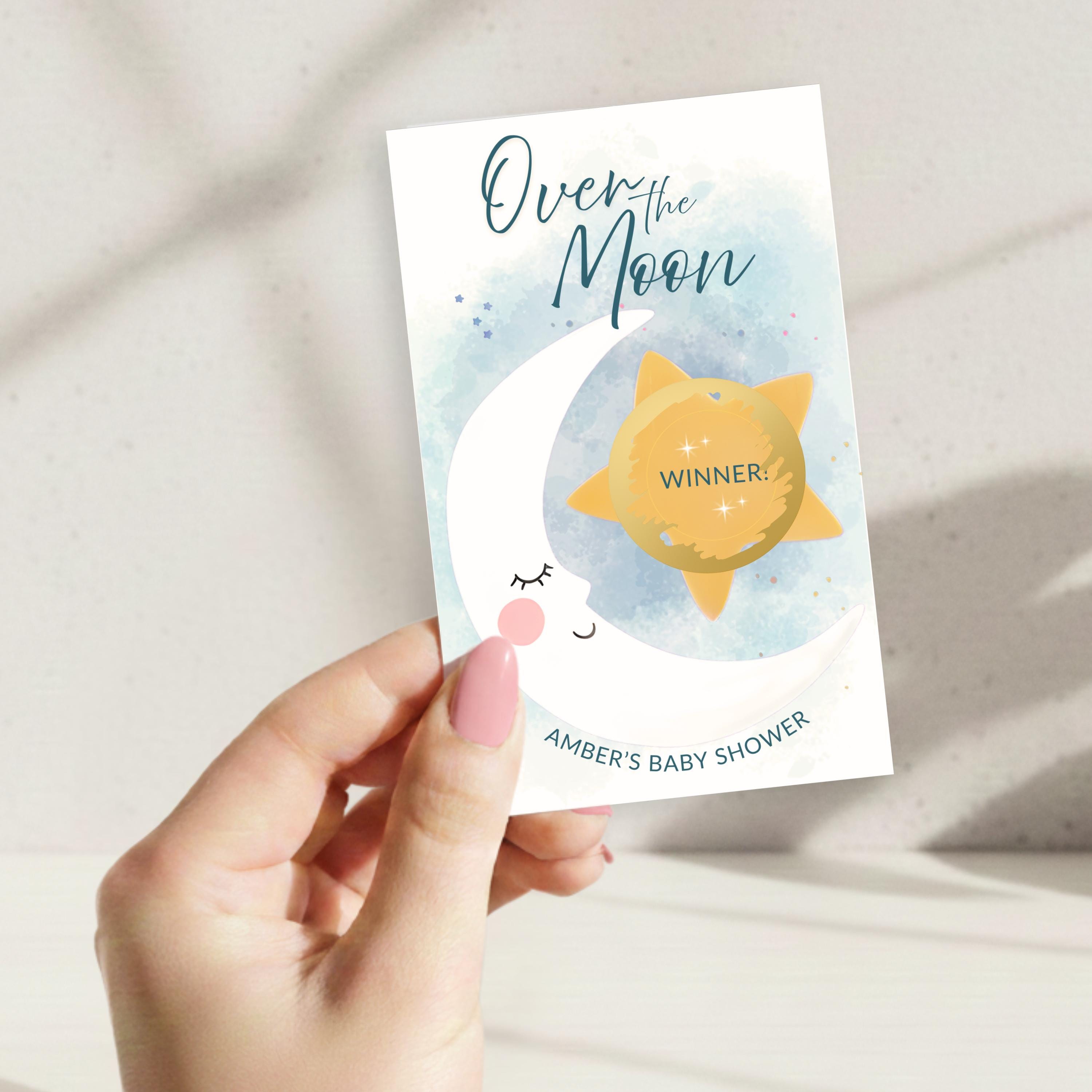 We're Over The Moon Baby Shower Scratch Off Game Personalized Stars and Moon Baby Shower Game Boy Theme Celestial Blue Boho