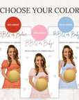The image is a collage of three images featuring a woman in different colored dresses, each holding a gold ball. The woman is smiling and appears to be pregnant.