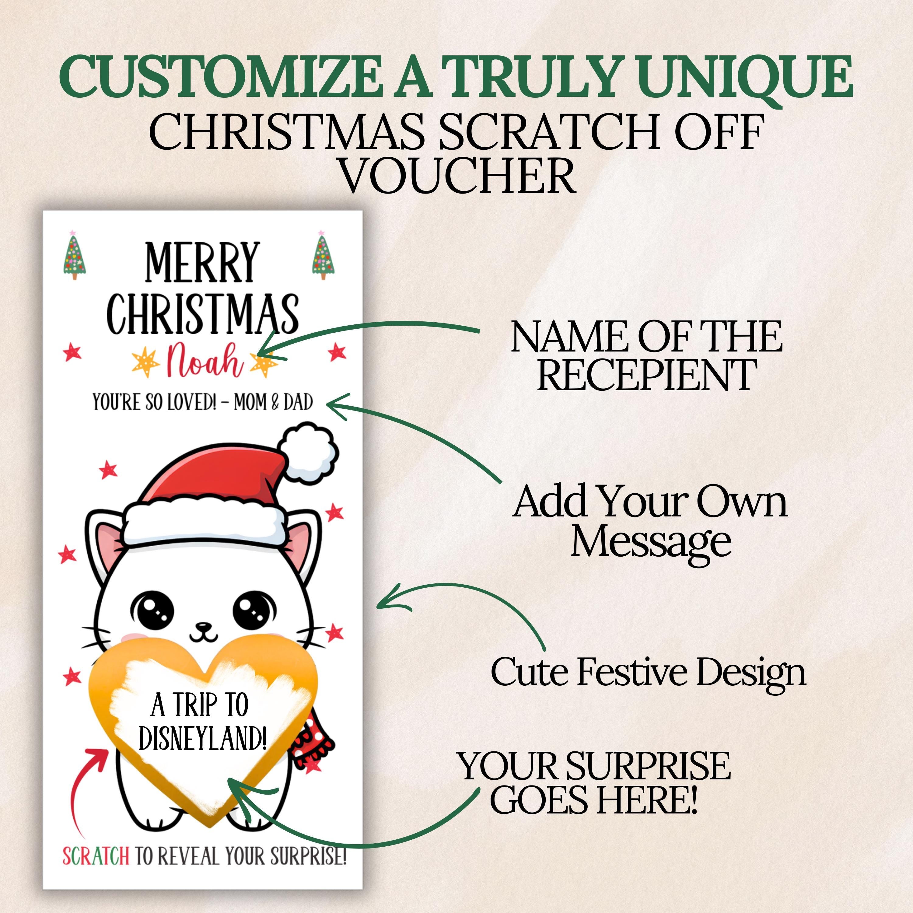 Personalized Merry Christmas Gift Voucher For Kids Christmas Scratch Off Surprise Reveal Holiday Theme Cat Christmas Surprise Trip