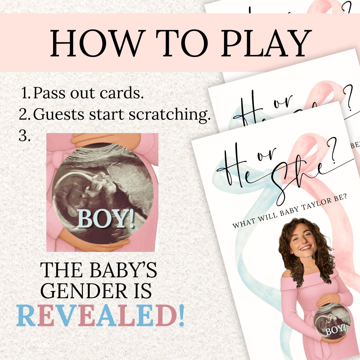 Coquette Bow Gender Reveal Scratch Off Game, He or She Gender Reveal Game Bow Theme, What Will Baby Be Scratchers, Pink or Blue Custom - CÔTIER BRAND