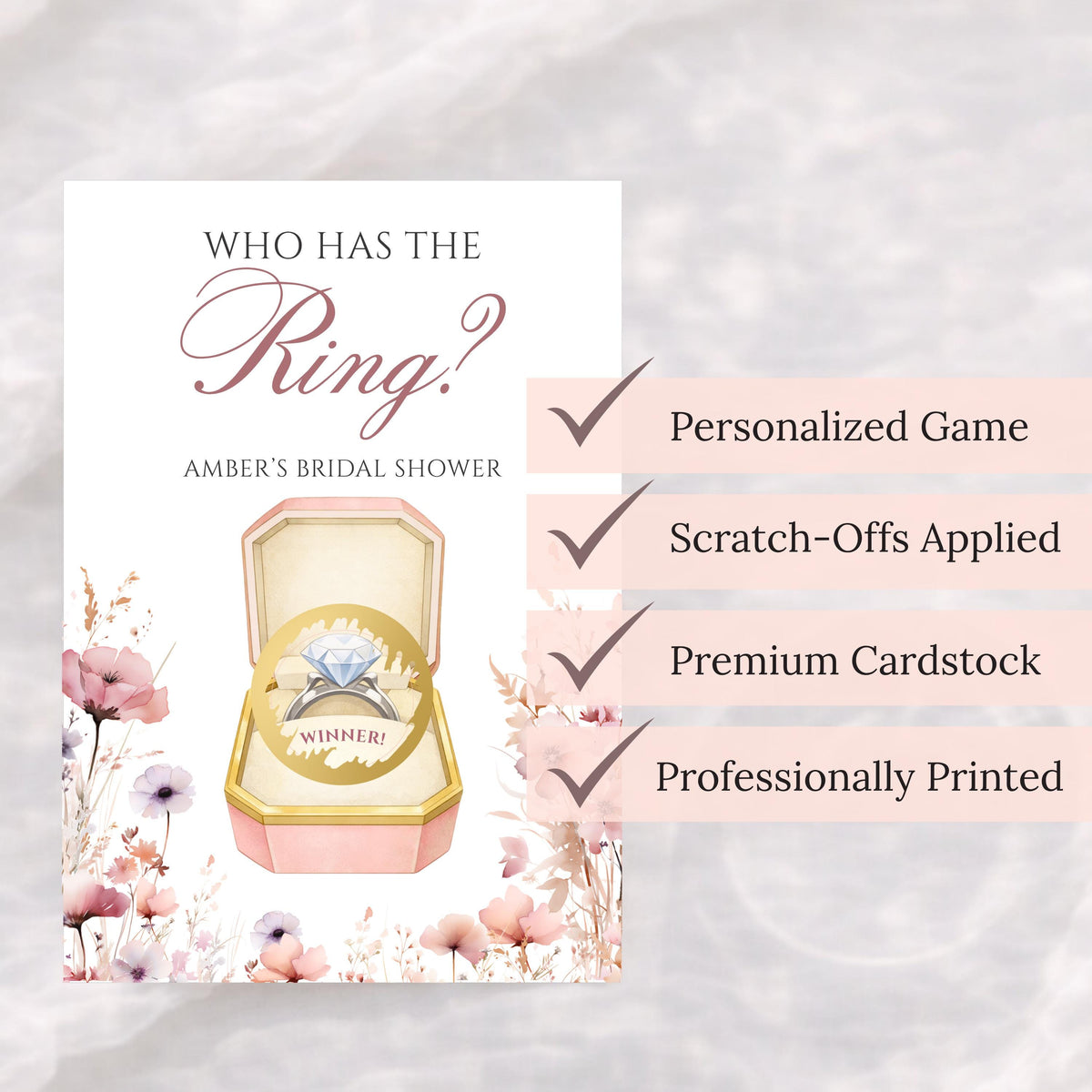PRINTED + SHIPPED Pink Floral Bridal Shower Game, Pastel Watercolor Flower Bridal Shower Scratch Off Game, Love In Bloom Who Has The Ring - CÔTIER BRAND