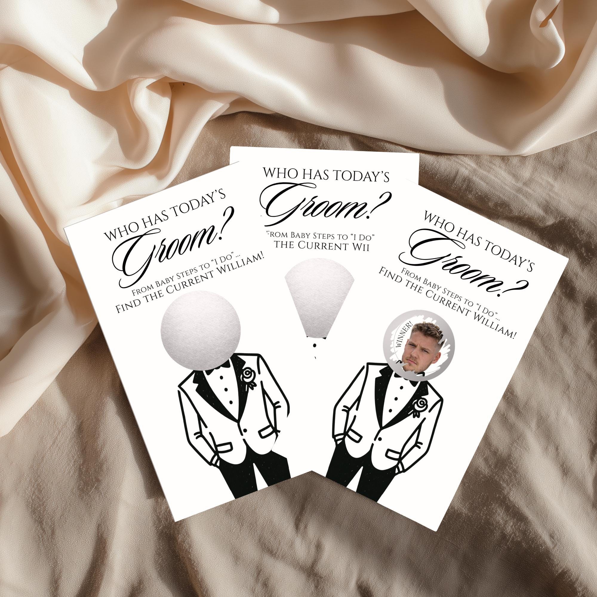 three pieces of paper with illustrations of two men in suits, along with text and a small image of a man's face.
