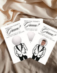 three pieces of paper with illustrations of two men in suits, along with text and a small image of a man's face.