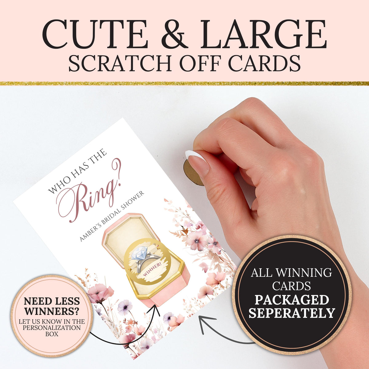 PRINTED + SHIPPED Pink Floral Bridal Shower Game, Pastel Watercolor Flower Bridal Shower Scratch Off Game, Love In Bloom Who Has The Ring - CÔTIER BRAND