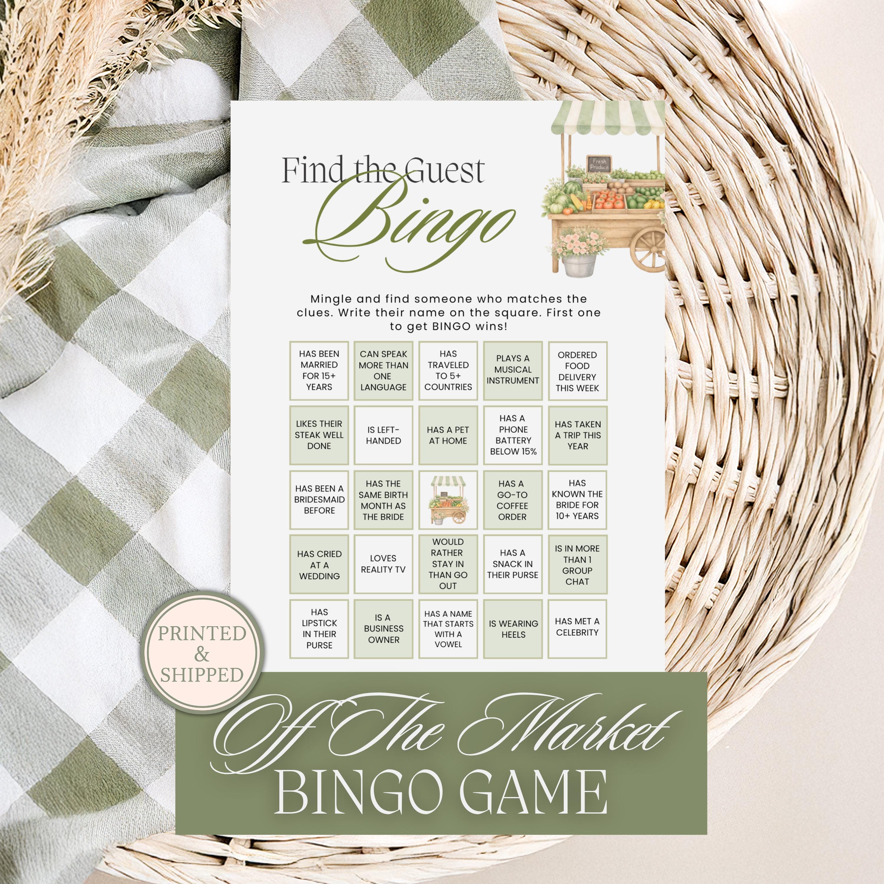 PRINTED + SHIPPED Fresh Off The Market Bingo Game, Sage Green Find The Guest Bingo Party Game, Farmers Market Bridal Shower Bingo, Wedding