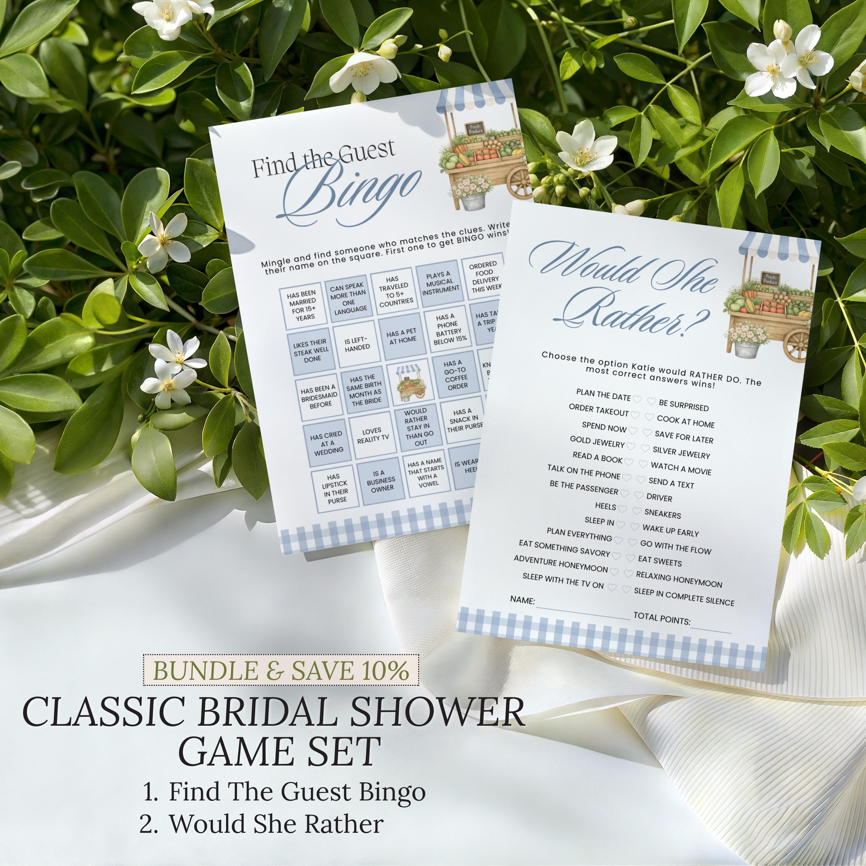 PRINTED + SHIPPED Blue Fresh Off The Market Bingo Game, Find The Guest Bingo Party Game, Boho Farmers Market Bridal Shower Bingo, Wedding