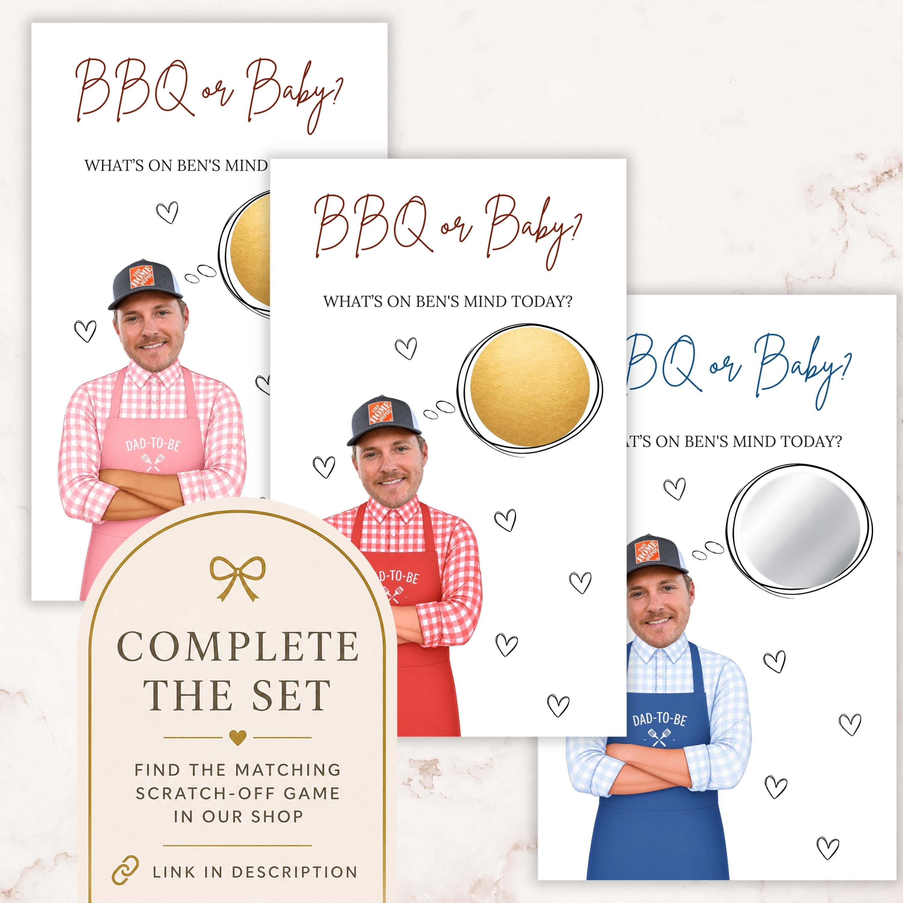 The image is a collage of three images featuring a man in a red and white checkered apron, along with text and a question about Ben's mind.