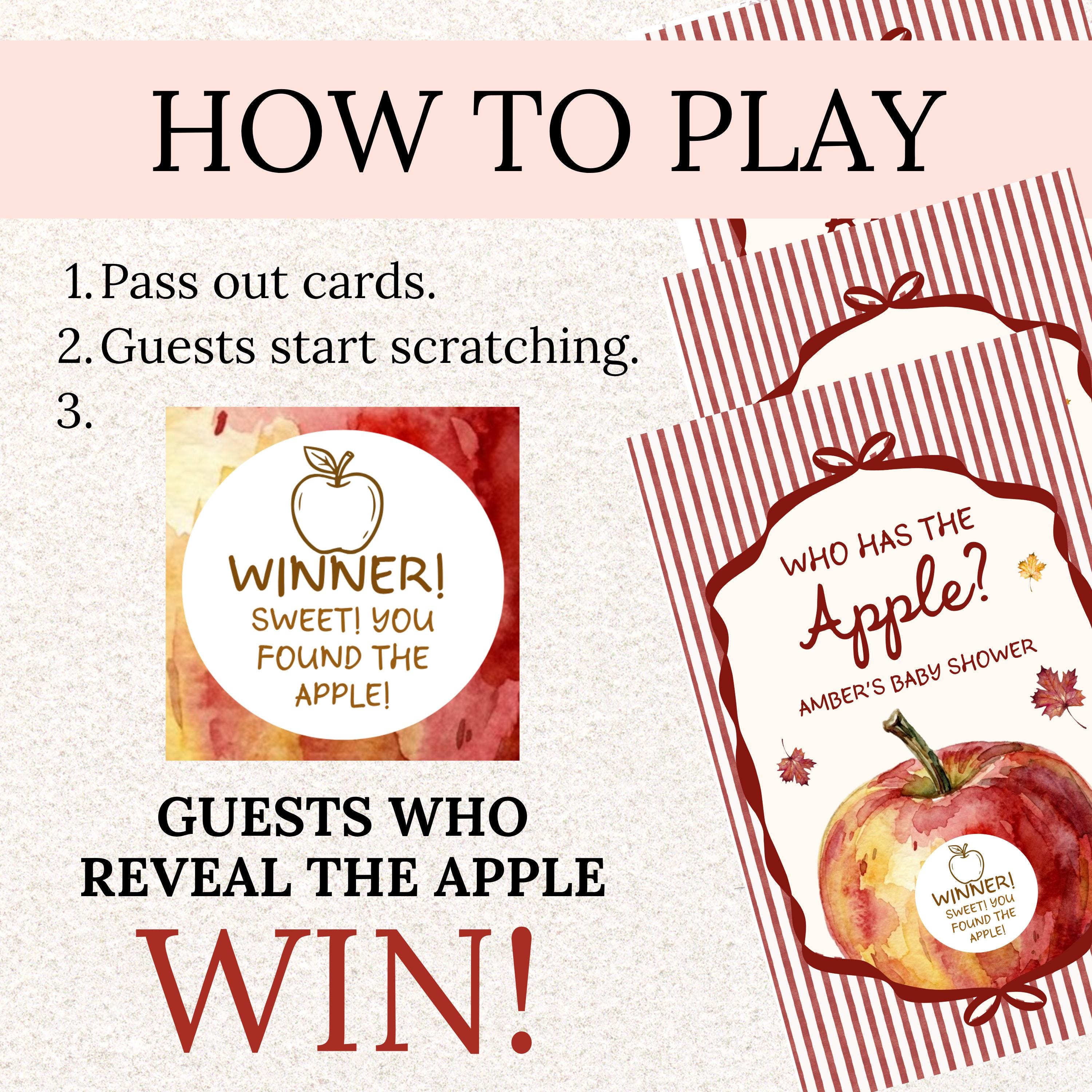 PRINTED + SHIPPED Apple of Our Eye Baby Shower Game, Personalized Apple Themed Baby Shower Scratch Off Game Who Has the Apple? Red Striped