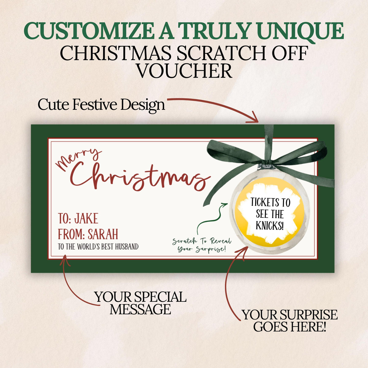 Personalized Bow Christmas Gift Voucher For Christmas Scratch Off Surprise Trip Reveal Holiday Theme Custom Christmas Voucher Envelope - CÔTIER BRAND
