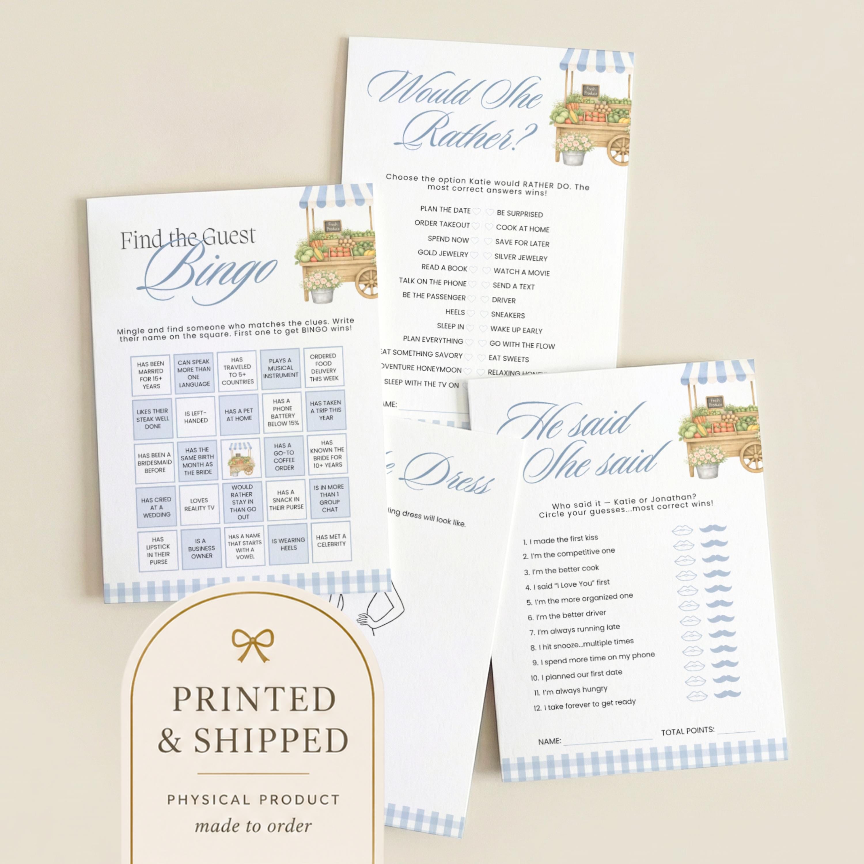 Blue Fresh Off The Market Bridal Shower Games Bundle, Guess The Dress, Would She Rather, He Said She Said, Bingo PRINTED + SHIPPED