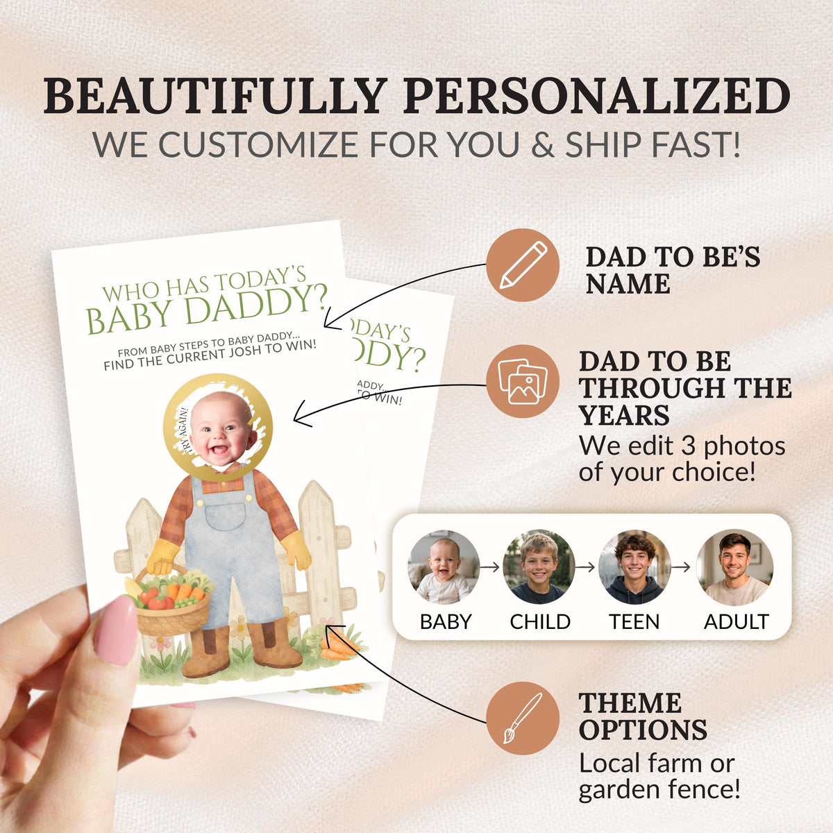 Personalized Boho Garden Baby Shower Game Locally Grown Baby Shower Scratch Off Game Who Has Today's Baby Daddy? Market Theme Unique - CÔTIER BRAND
