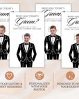 The image is a collage of four images featuring a young boy dressed in a tuxedo, with the text "Who has today's Groom?" and "From baby steps to I do" displayed.