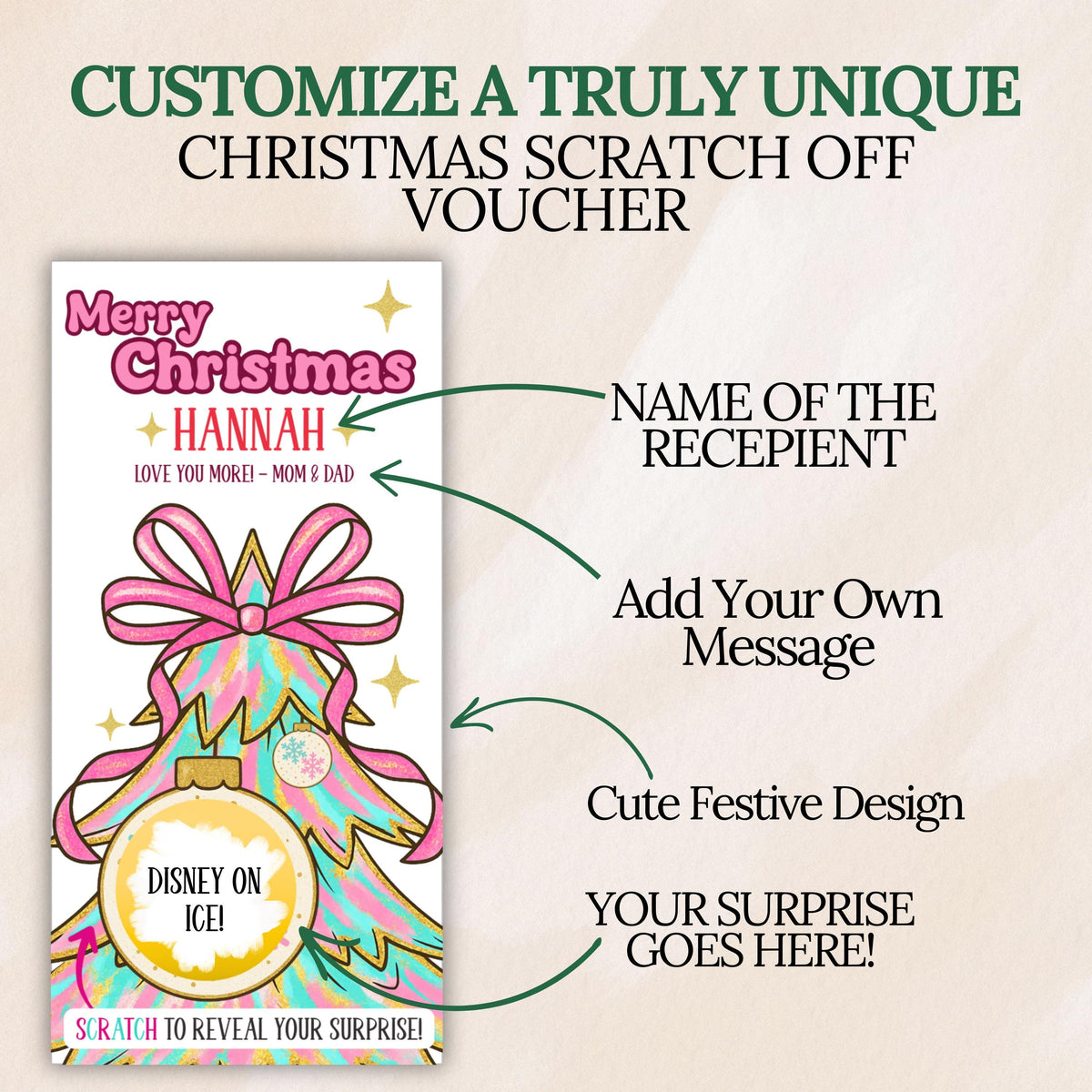 Personalized Merry Christmas Scratch Off Coupons Pink Retro Christmas Trip Reveal Voucher Scratch Off Holiday Reveal Scratchers Xmas Teens - CÔTIER BRAND