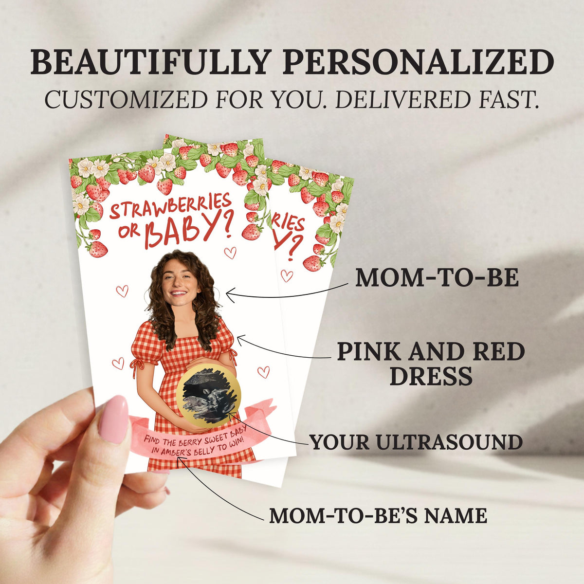 PRINTED + SHIPPED Custom Strawberry Themed Baby Shower Game Berry Sweet Baby Shower Theme Strawberries or Baby Boho Red Gingham - CÔTIER BRAND