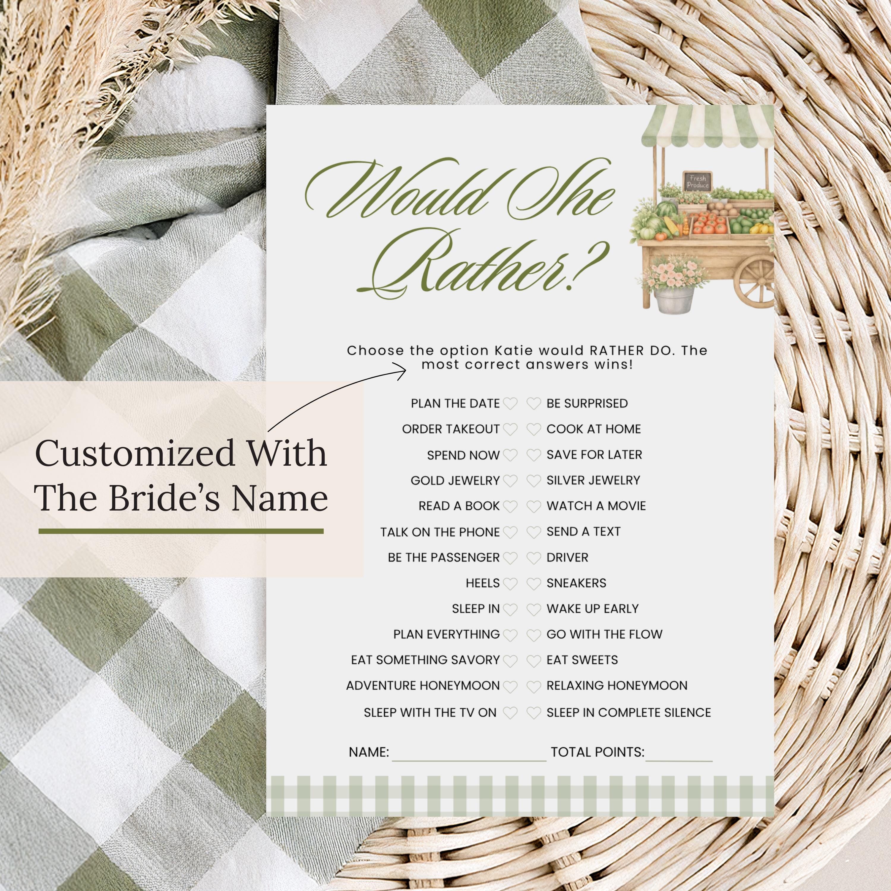Personalized Shes Fresh Off The Market Game Bundle, Sage Green Guess The Dress, Would She Rather, He Said She Said, Find The Guest Bingo