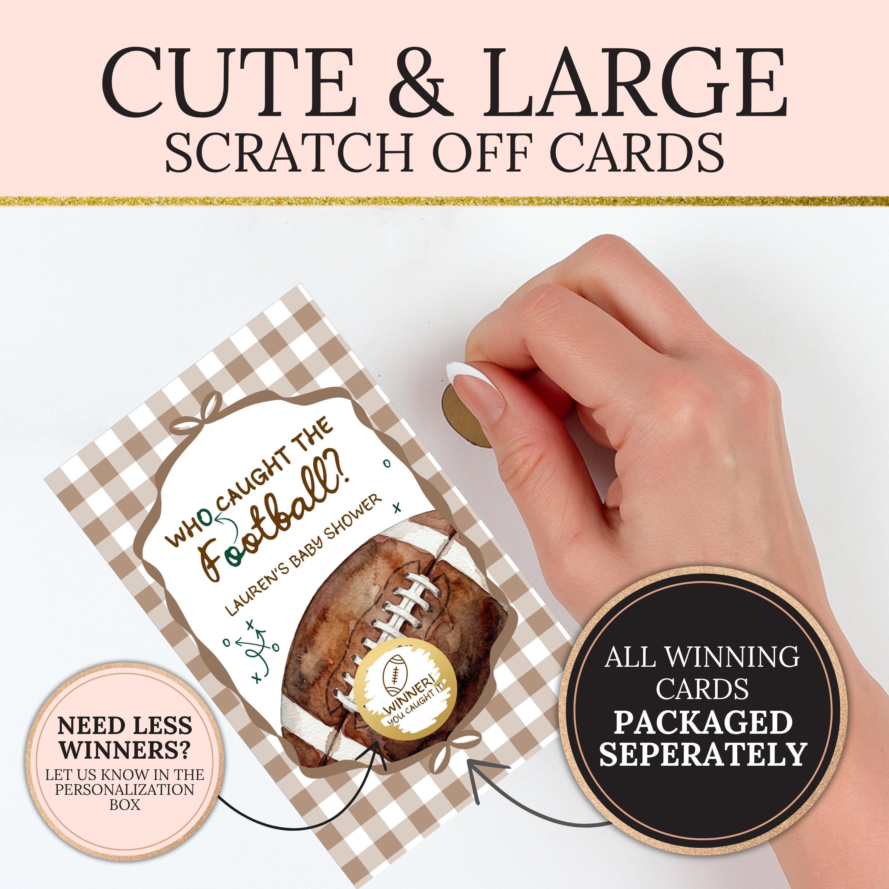 a hand holding a card with a football on it, along with text that says "CUTE &amp; LARGE SCRATCH OFF CARDS".