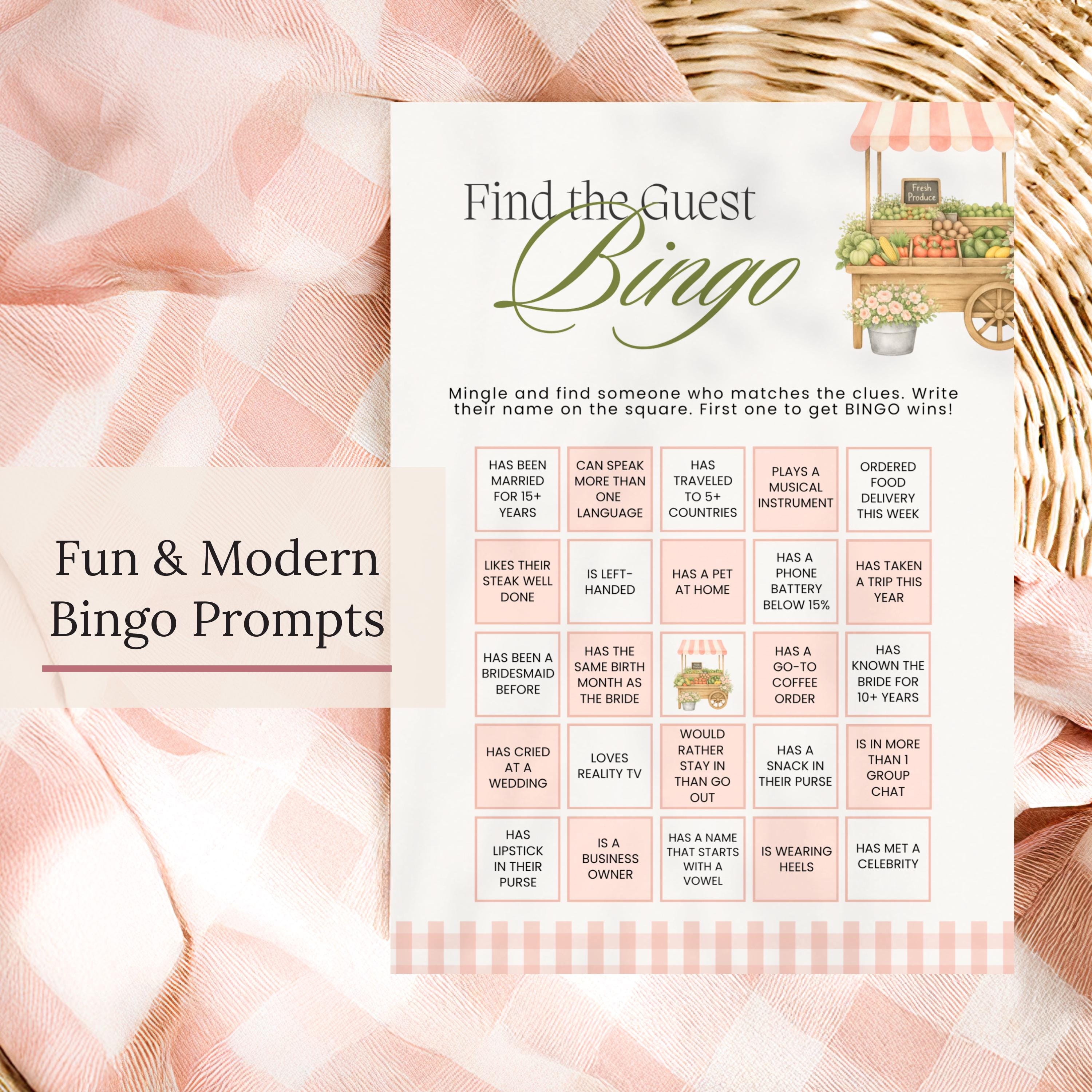 Custom Printed Fresh Off The Market Bridal Shower Game Bundle, Blush Pink Guess The Dress, Would She Rather, He Said She Said, Guest Bingo