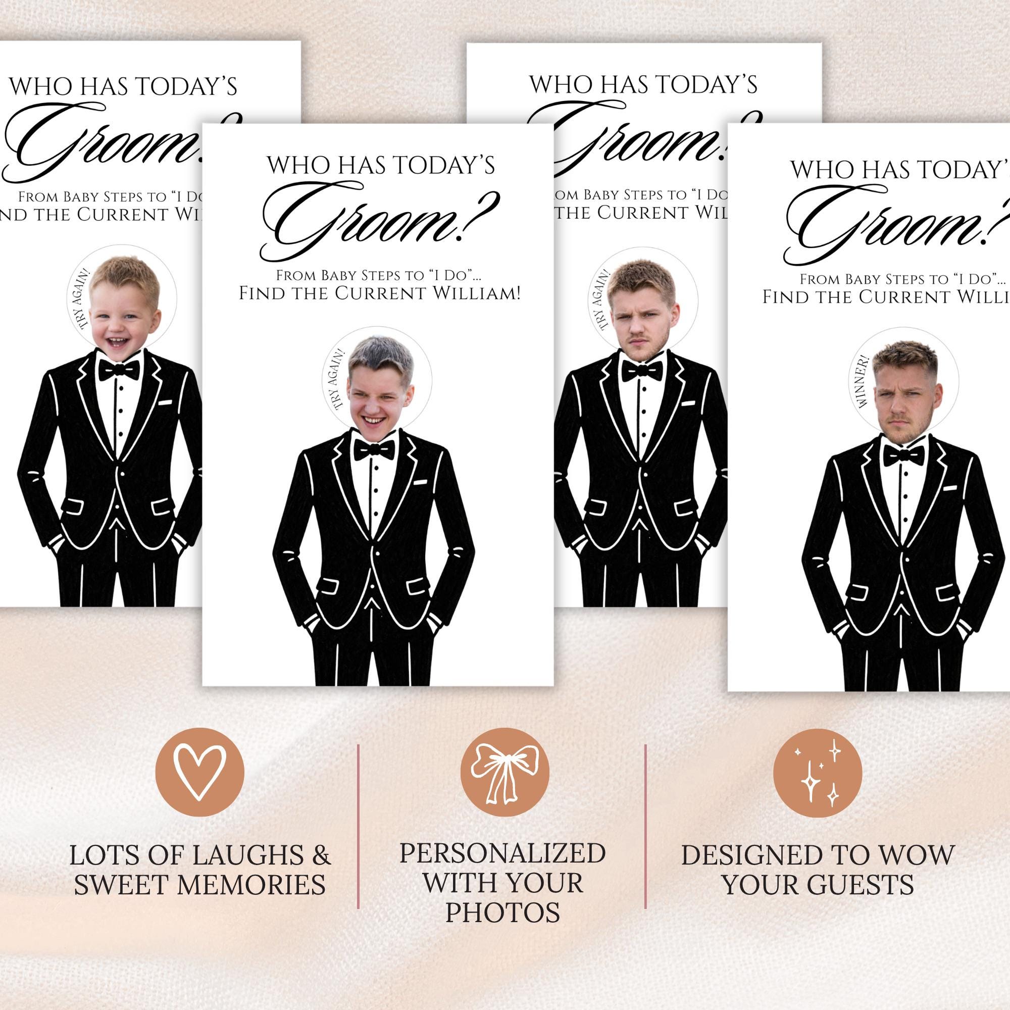 The image is a collage of four images featuring a young boy dressed in a tuxedo, with the text "Who has today's Groom?" and "From baby steps to I do" displayed.