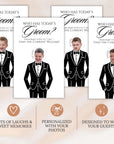 The image is a collage of four images featuring a young boy dressed in a tuxedo, with the text "Who has today's Groom?" and "From baby steps to I do" displayed.