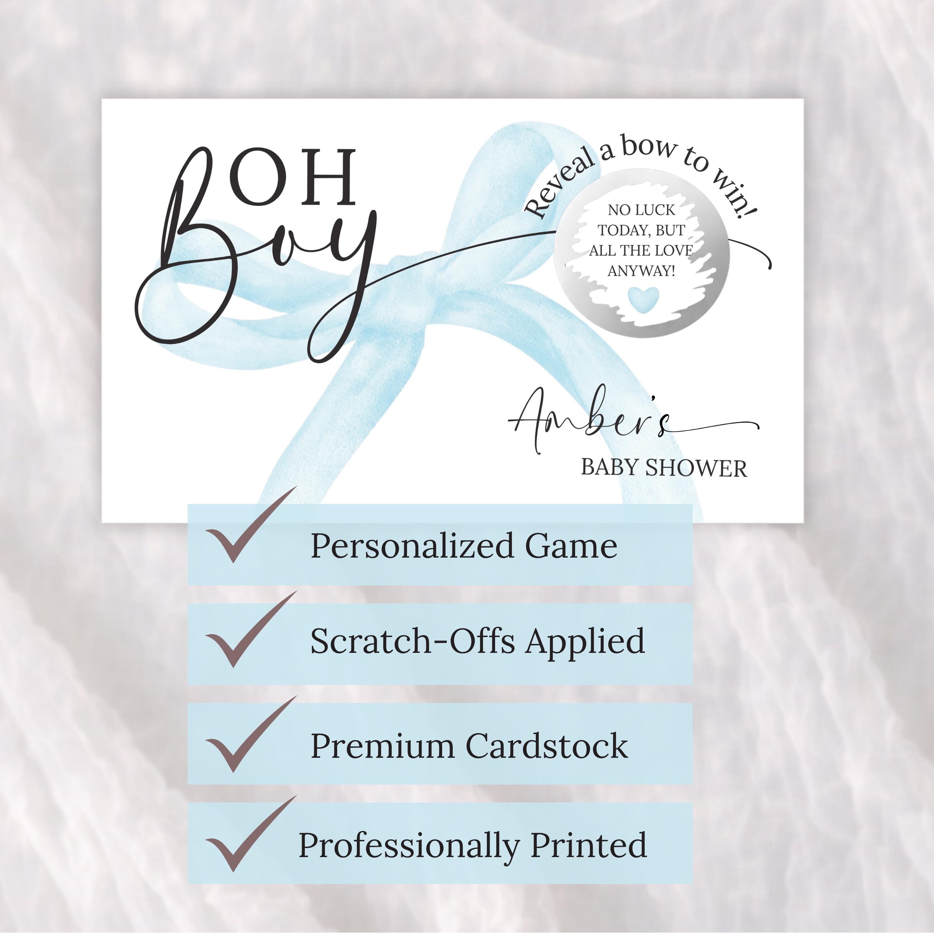 The image is a personalized baby shower invitation with a blue ribbon design.