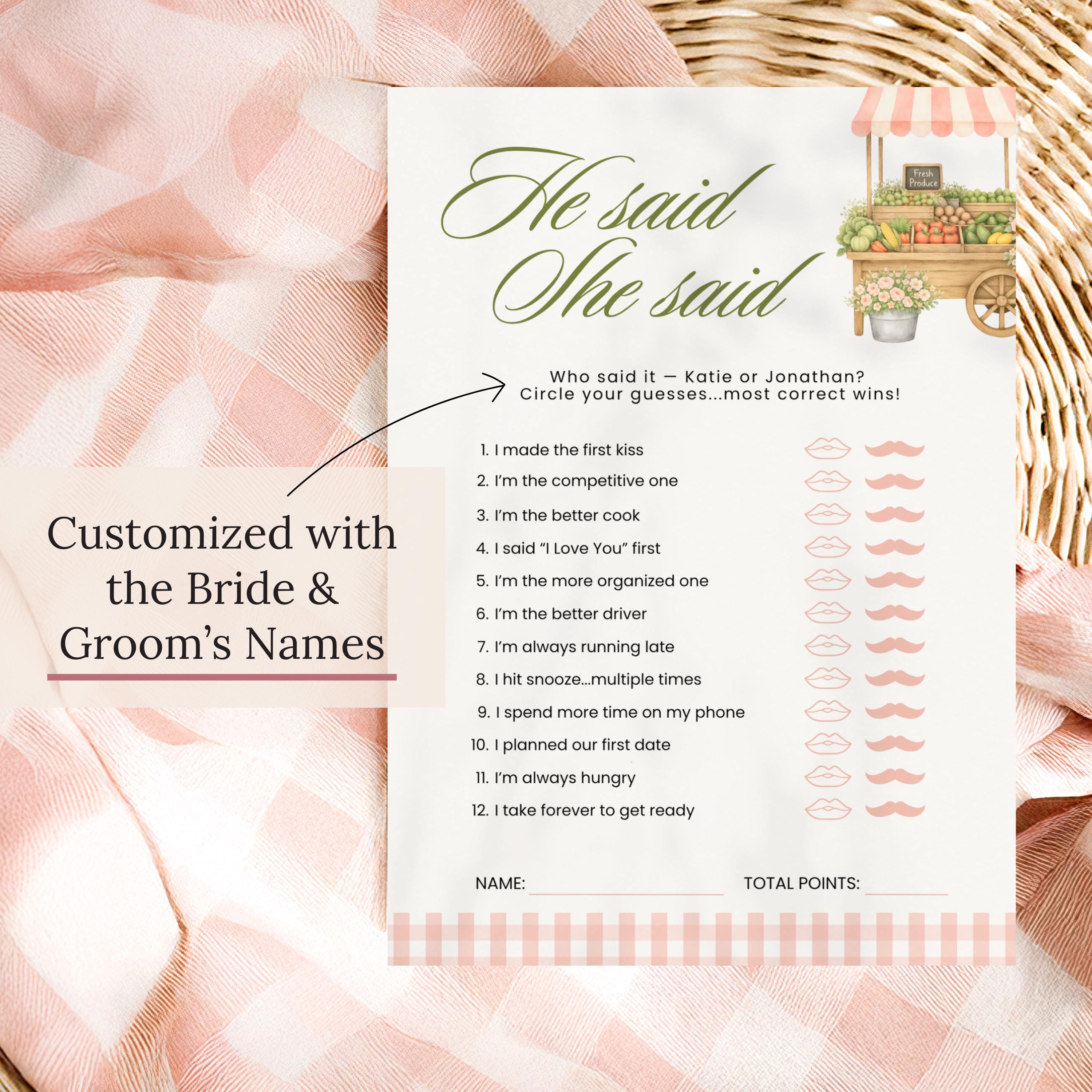 Custom Printed Fresh Off The Market Bridal Shower Game Bundle, Blush Pink Guess The Dress, Would She Rather, He Said She Said, Guest Bingo