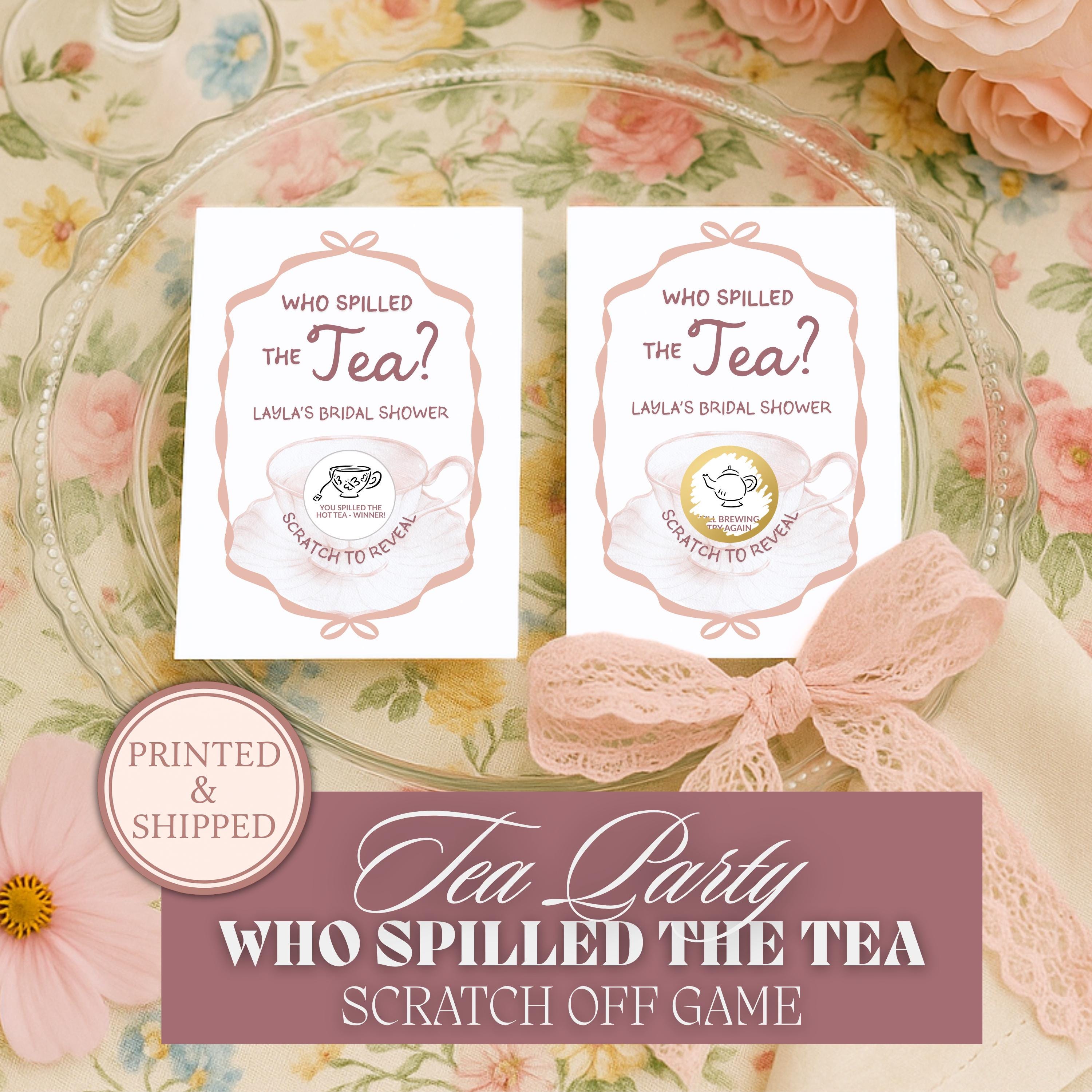 Tea Party Bridal Shower Game High Tea Bridal Shower Scratch Off Game Who Spilled The Tea Themed Blush Pink Wedding Shower Game Bows TEA6