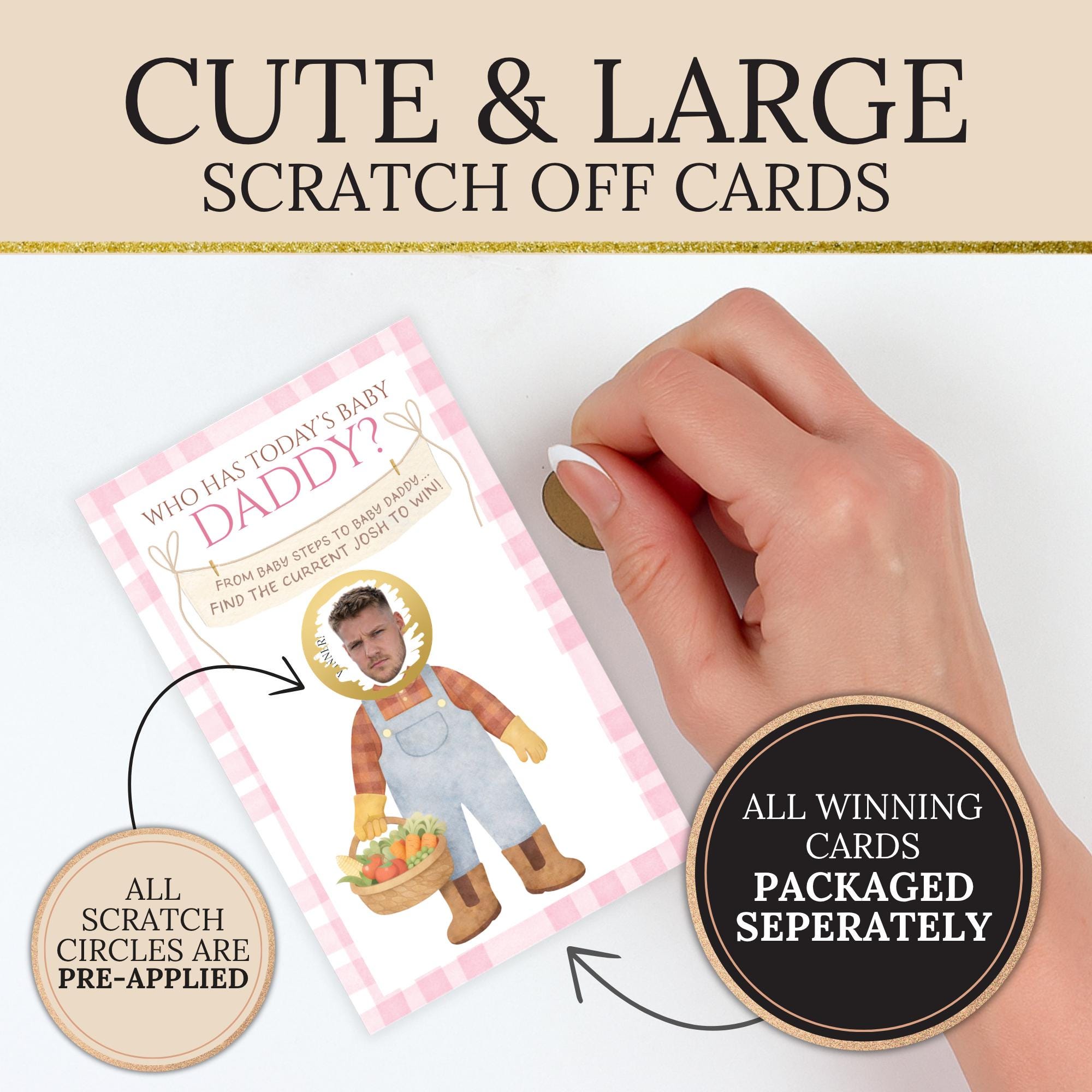 Custom Locally Grown Boy Baby Shower Game, Blue Gingham Farmer's Market Theme Who Has Today's Baby Daddy? Scratcher Activity