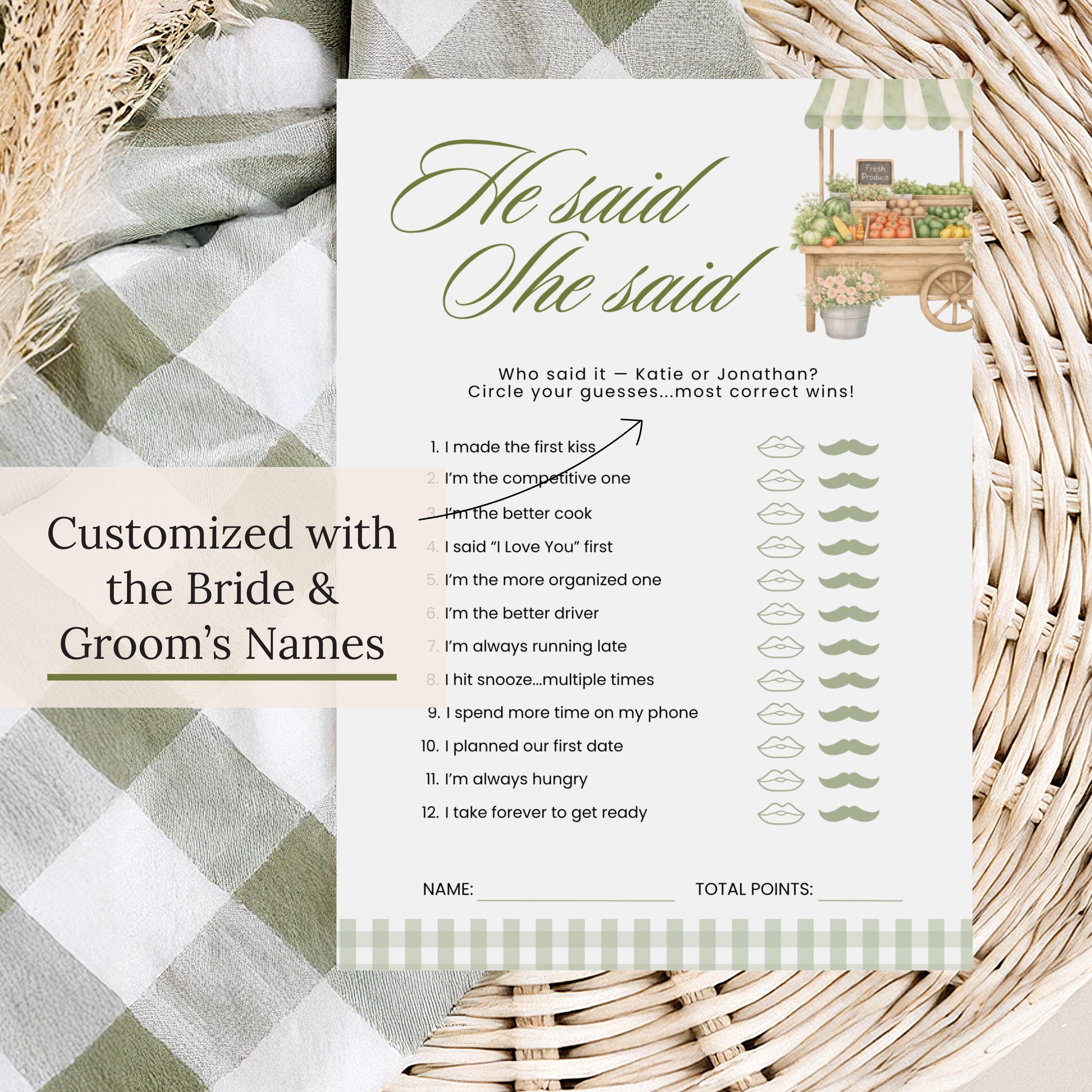 Personalized Shes Fresh Off The Market Game Bundle, Sage Green Guess The Dress, Would She Rather, He Said She Said, Find The Guest Bingo