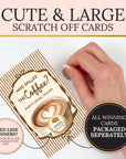 a hand holding a card with a coffee cup design, and there is text indicating that the card is a "Cute & Large Scratch Off Cards" that allows the winner to choose their own personalization.