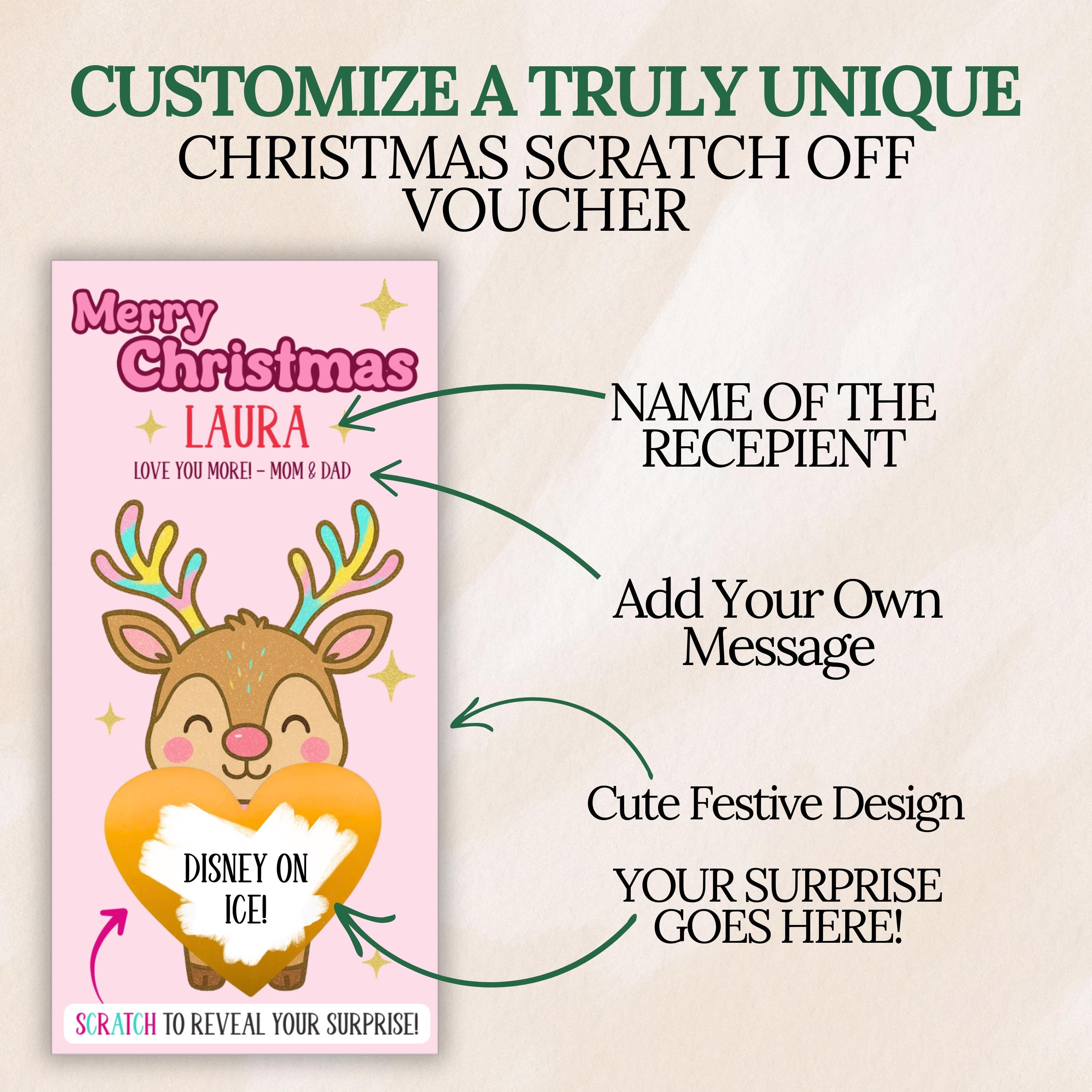Personalized Merry Christmas Scratch Off Coupons Kids Christmas Trip Reveal Voucher Scratch Off Holiday Scratchers Xmas Reindeer