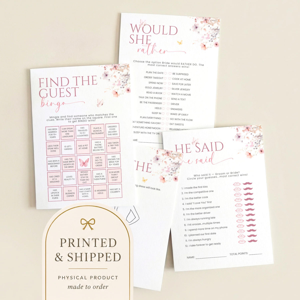 Personalized Love In Bloom Bridal Shower Game Bundle, Pink Floral Guess The Dress, Would She Rather, He Said She Said, Find The Guest Bingo - CÔTIER BRAND