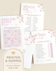 Personalized Love In Bloom Bridal Shower Game Bundle, Pink Floral Guess The Dress, Would She Rather, He Said She Said, Find The Guest Bingo - CÔTIER BRAND