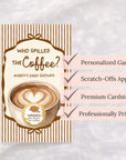 The image is a promotional poster for a baby shower, featuring a cup of coffee with a heart design and text that reads "Who spilled the coffee?".