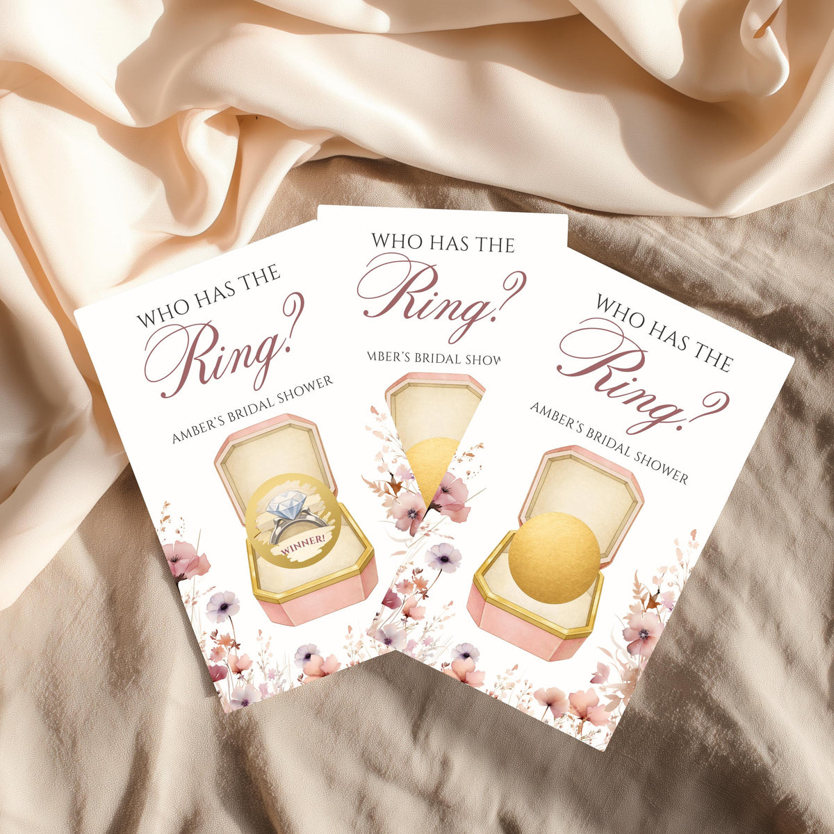 PRINTED + SHIPPED Pink Floral Bridal Shower Game, Pastel Watercolor Flower Bridal Shower Scratch Off Game, Love In Bloom Who Has The Ring - CÔTIER BRAND