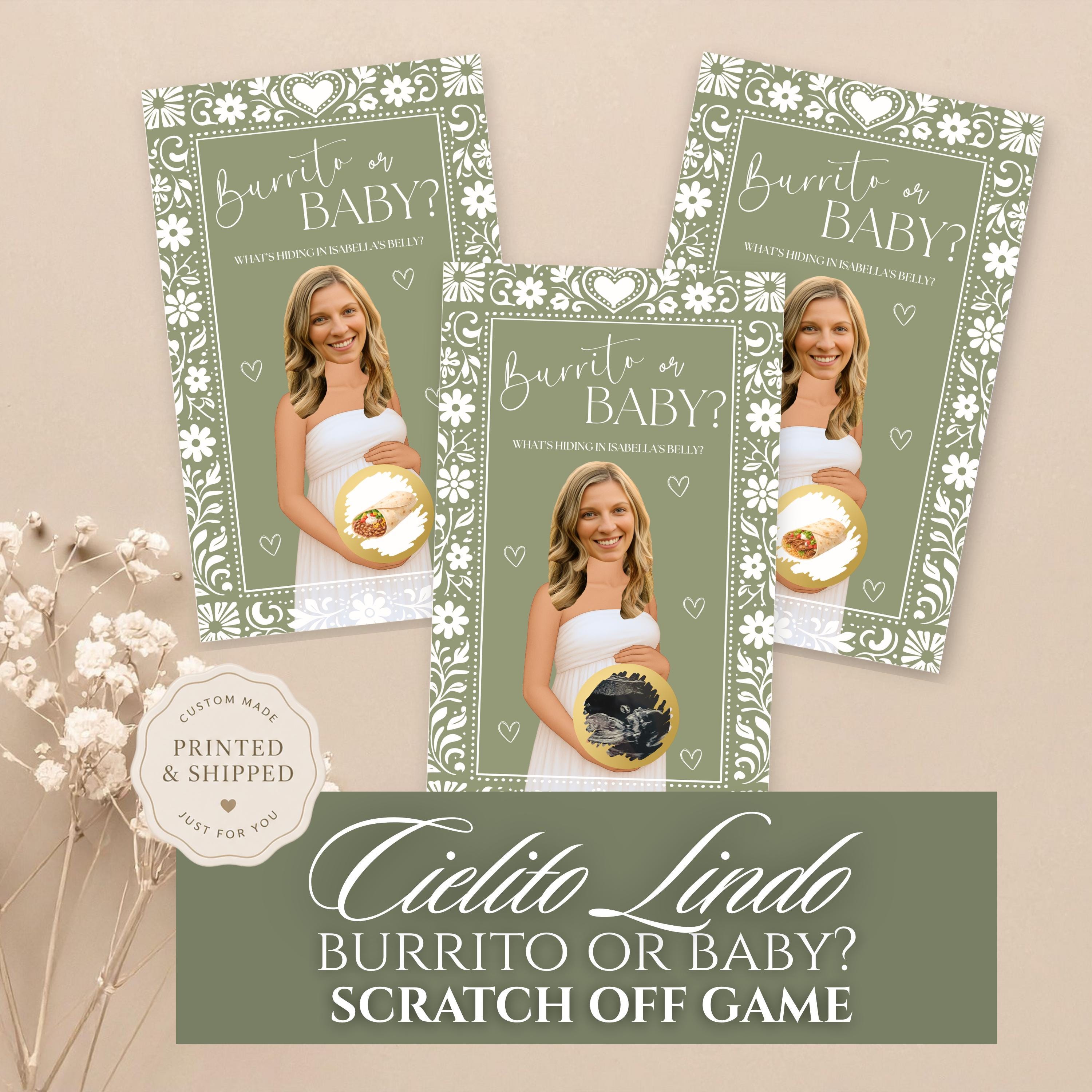 Custom Sage Green Cielito Lindo Baby Shower Game Burrito or Baby? Papel Picado Mexican Baby Shower Scratch Off Game Talavera Party Game
