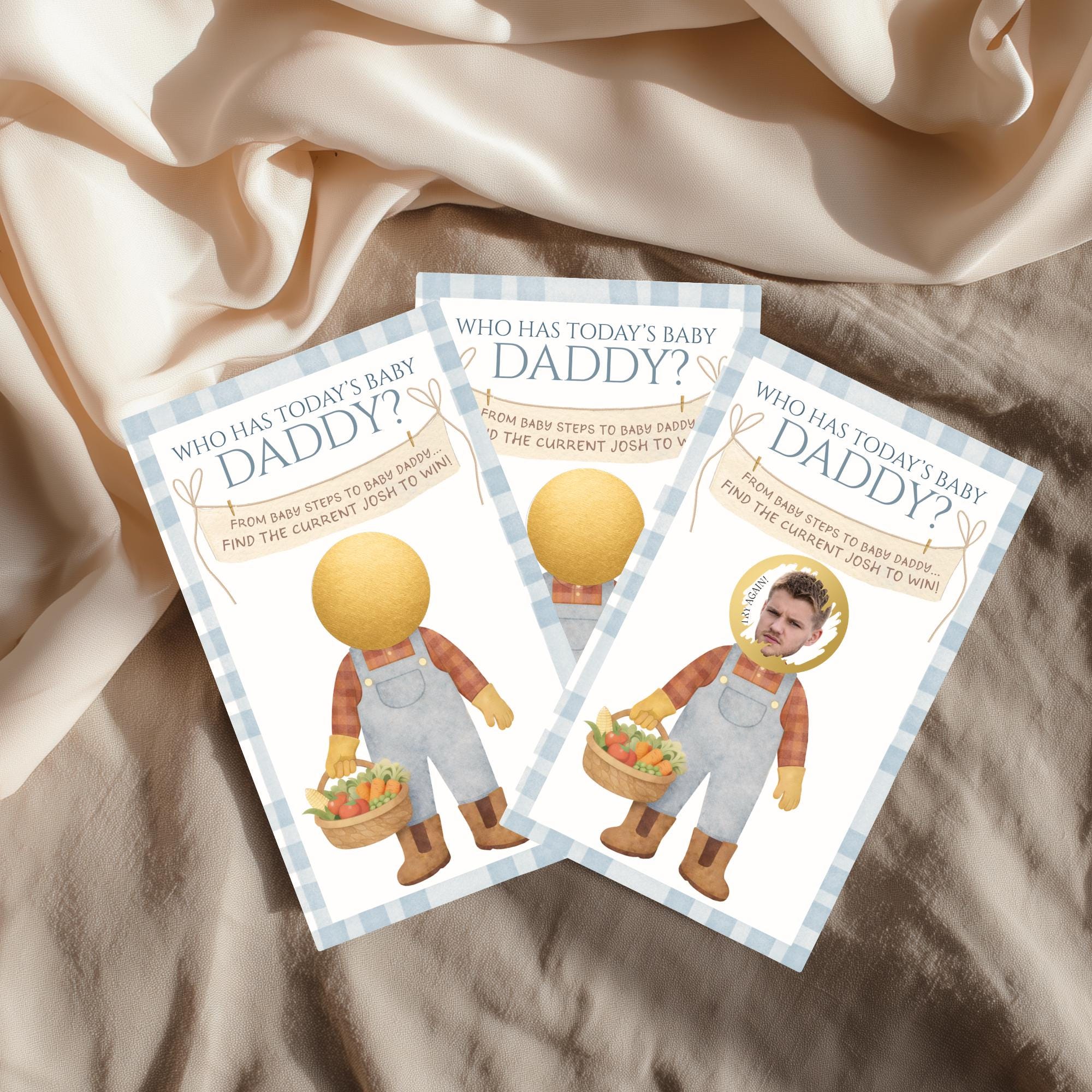 Custom Locally Grown Boy Baby Shower Game, Blue Gingham Farmer's Market Theme Who Has Today's Baby Daddy? Scratcher Activity