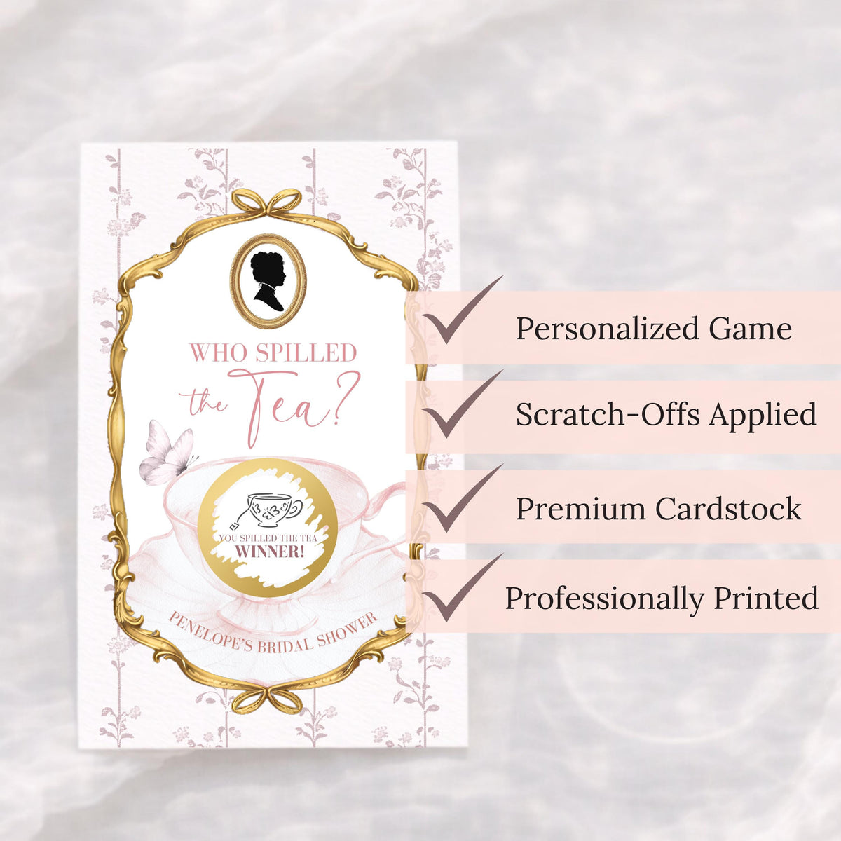 Personalized Regency Bridal Shower Game High Tea Bridal Shower Scratch Off Game Who Spilled The Tea Themed Pink Floral Royal Wedding Shower - CÔTIER BRAND