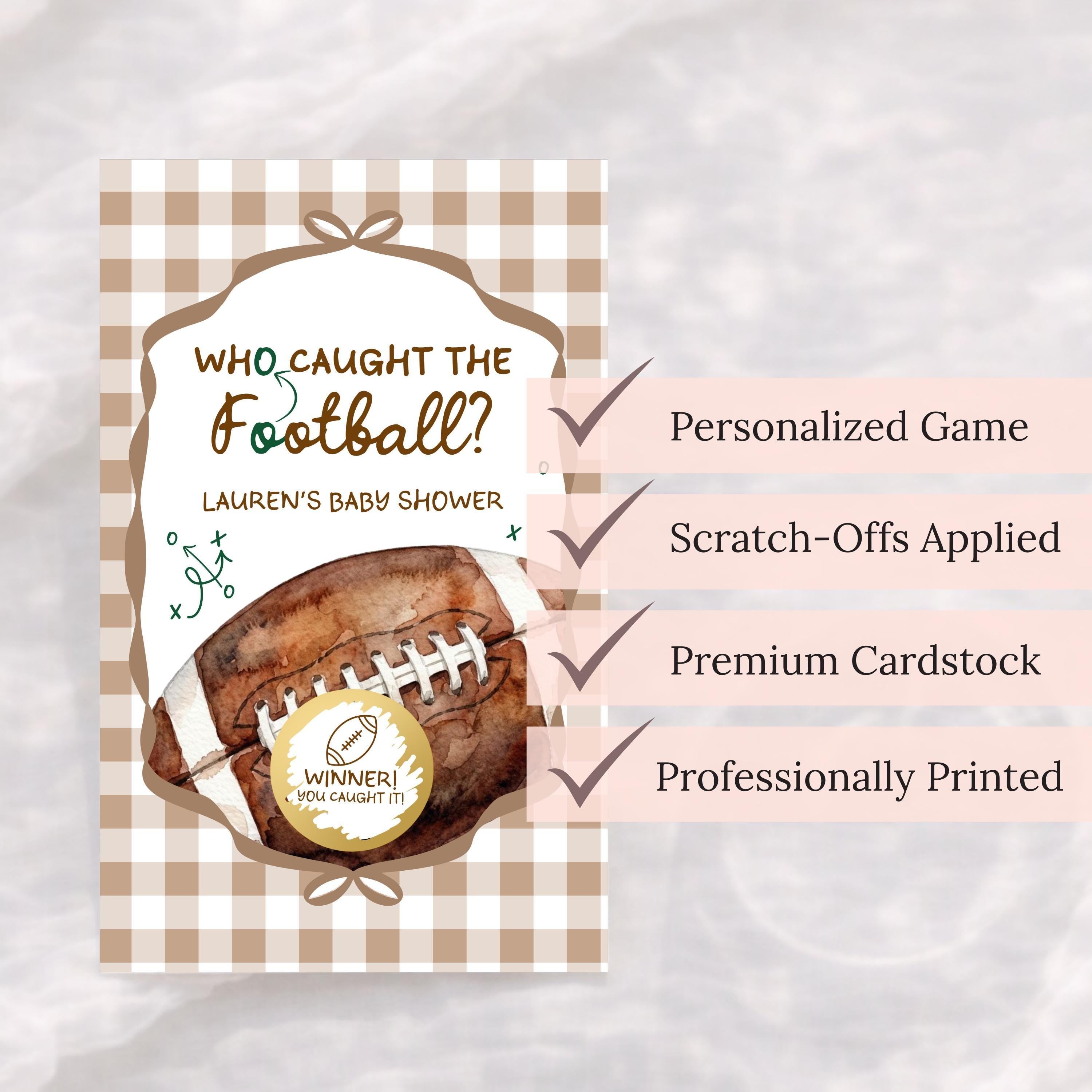The image is a personalized baby shower invitation featuring a football theme.