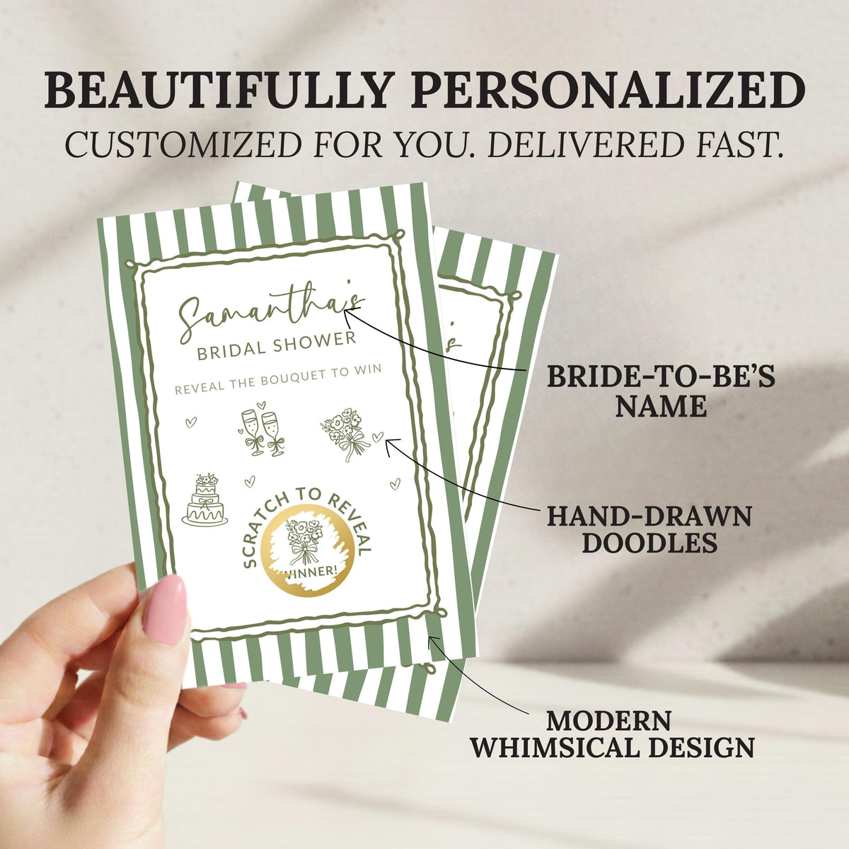 PRINTED + SHIPPED Sage Green Bridal Shower Game, Green Striped Bridal Shower Scratch Off Game Hand Drawn Doodles Wedding Shower Activity - CÔTIER BRAND