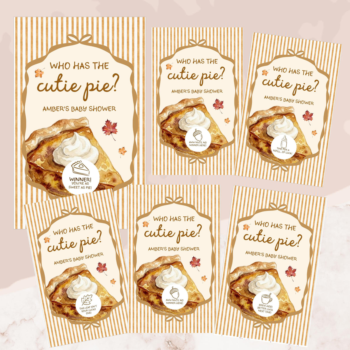 a collection of baby shower invitation cards with a pumpkin pie design. The cards feature the text "Who has the cute pie?" and "Amber's baby shower" along with an illustration of a pumpkin pie.
