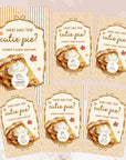 a collection of baby shower invitation cards with a pumpkin pie design. The cards feature the text "Who has the cute pie?" and "Amber's baby shower" along with an illustration of a pumpkin pie.