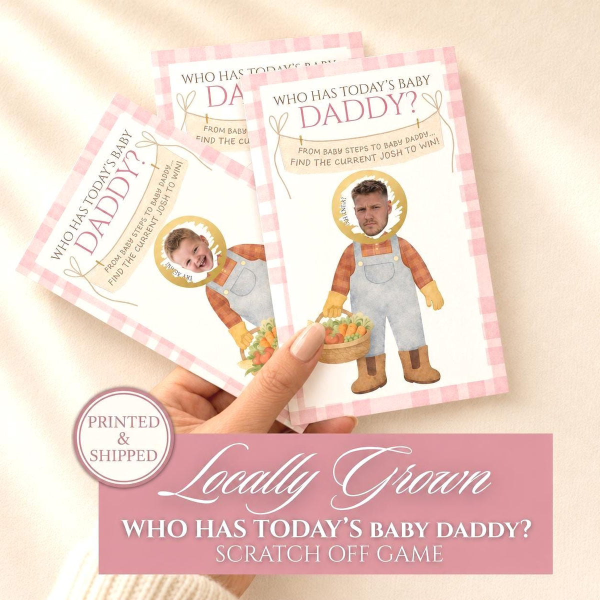 Personalized Locally Grown Baby Shower Scratch Off Game, Pink Gingham Farmer's Market Theme Who Has Today's Baby Daddy? Scratcher Activity - CÔTIER BRAND