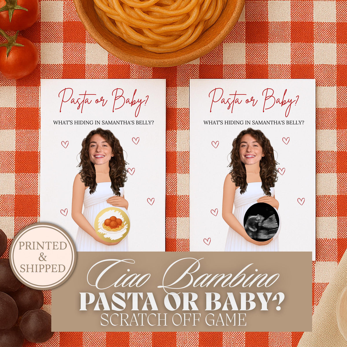 Personalized Italian Baby Shower Scratch Off Game Red Pasta or Baby?