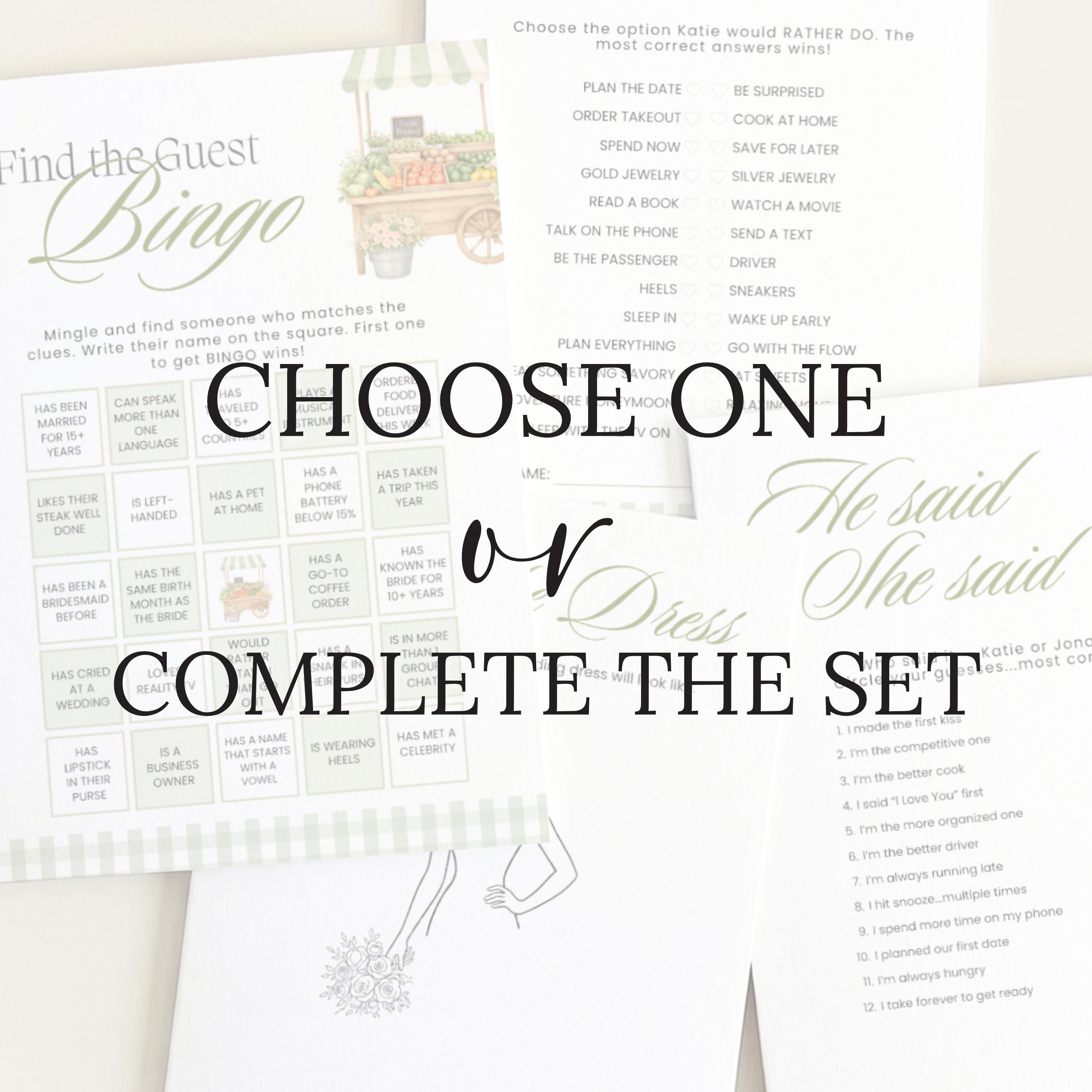 Personalized Shes Fresh Off The Market Game Bundle, Sage Green Guess The Dress, Would She Rather, He Said She Said, Find The Guest Bingo