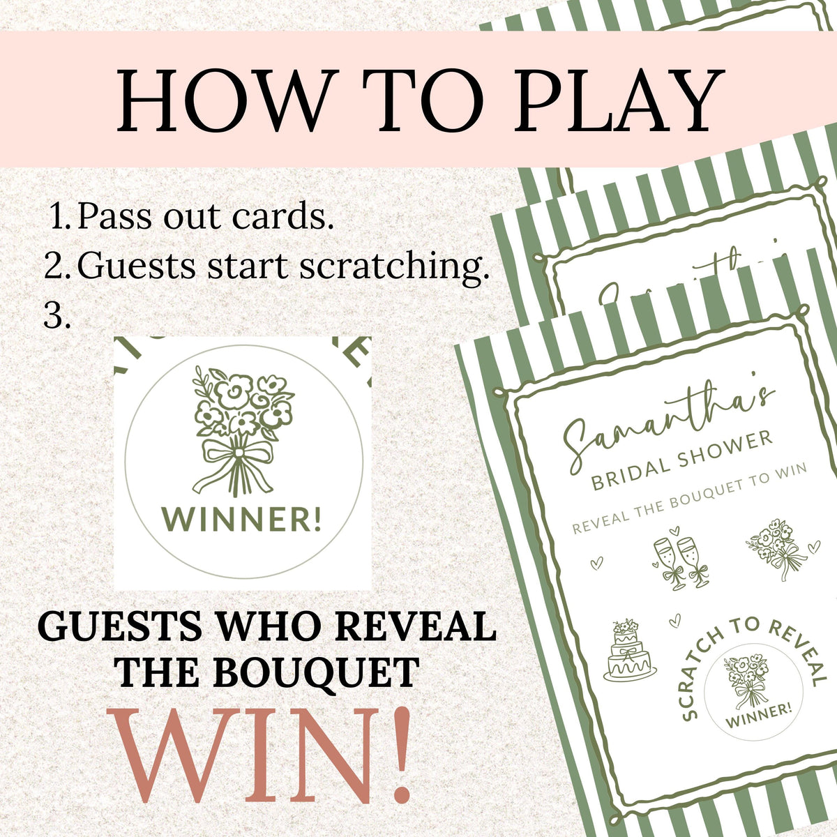 PRINTED + SHIPPED Sage Green Bridal Shower Game, Green Striped Bridal Shower Scratch Off Game Hand Drawn Doodles Wedding Shower Activity - CÔTIER BRAND